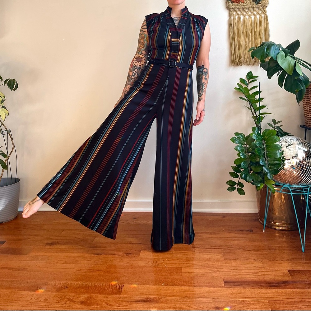 60s/70s Primary Color Striped Sleeveless Jumpsuit